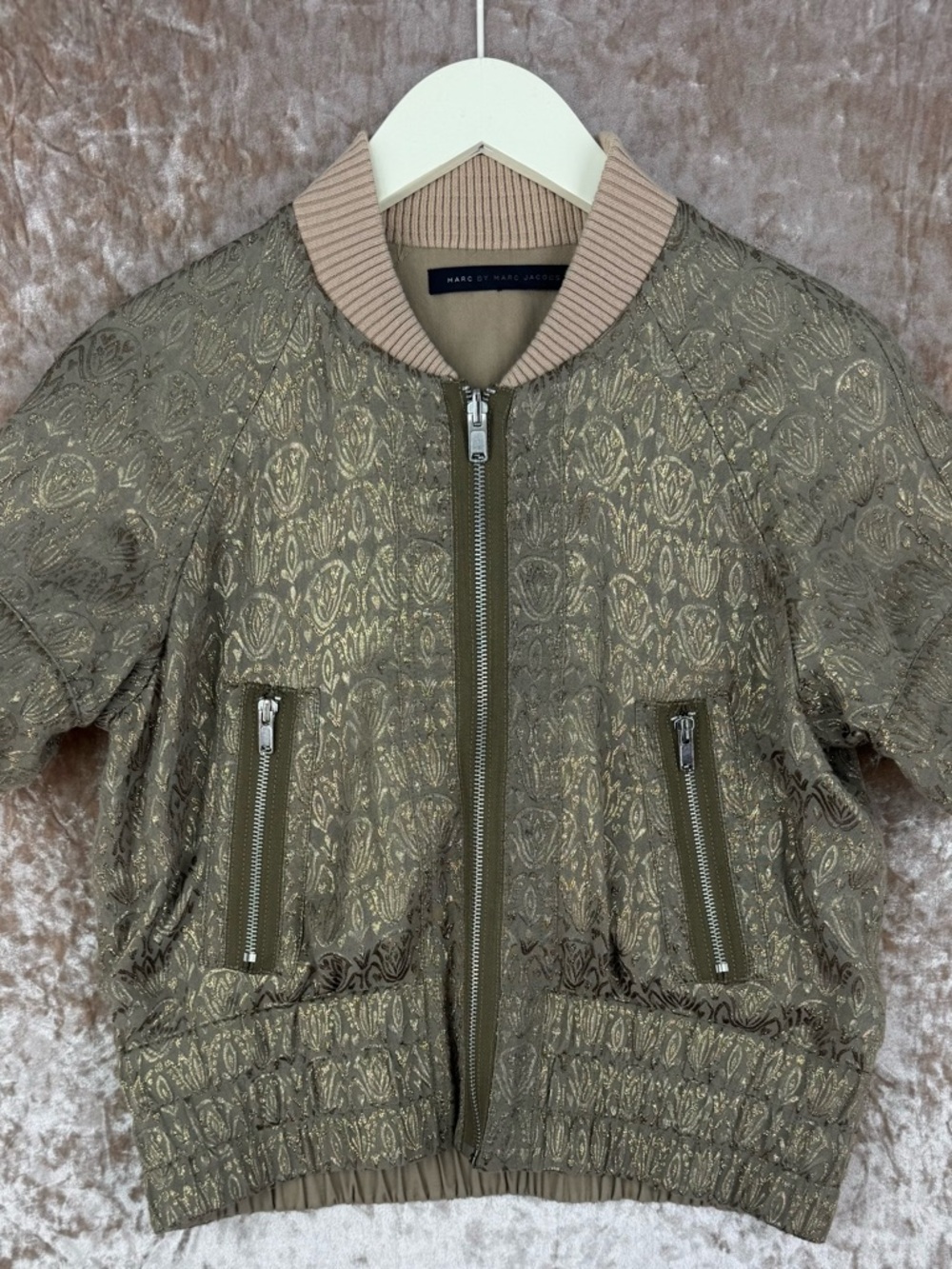 Marc by Marc Jacobs Olive and Gold Brocade Bomber Jacket
